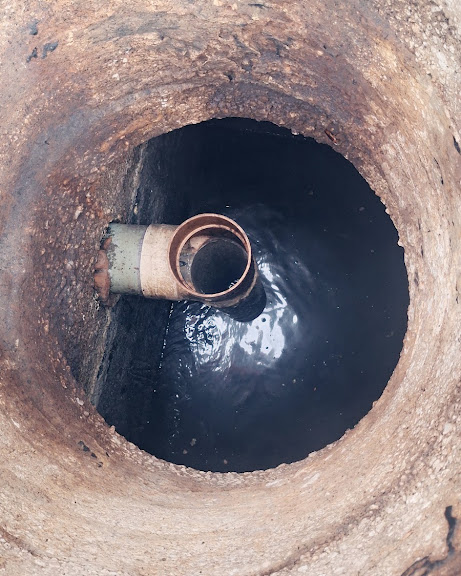 Inside a septic tank showing the inlet tee and liquid level